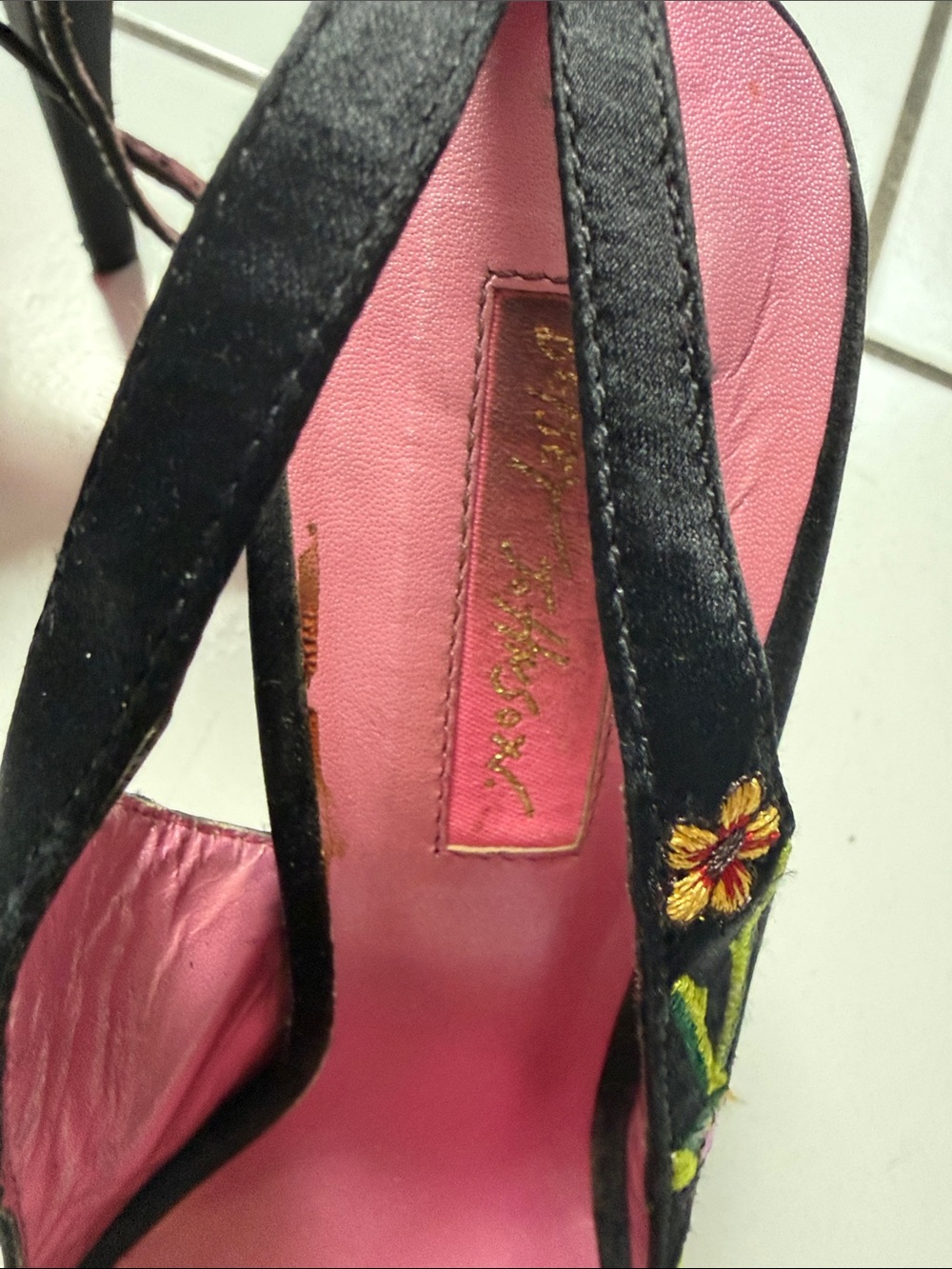 Betsey Johnson Black Embroidered Peep-Toe Heels with Pink Lining - Picture 5 of 7